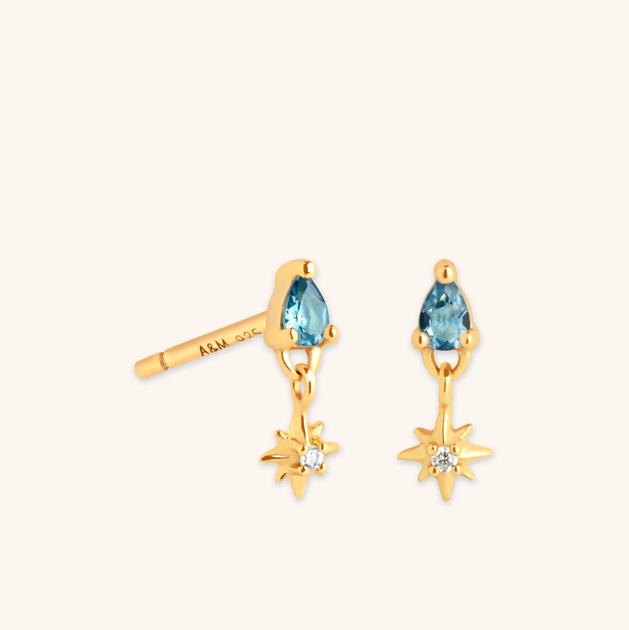 Blue Topaz Star Charm Studs in Gold | Astrid & Miyu UK
