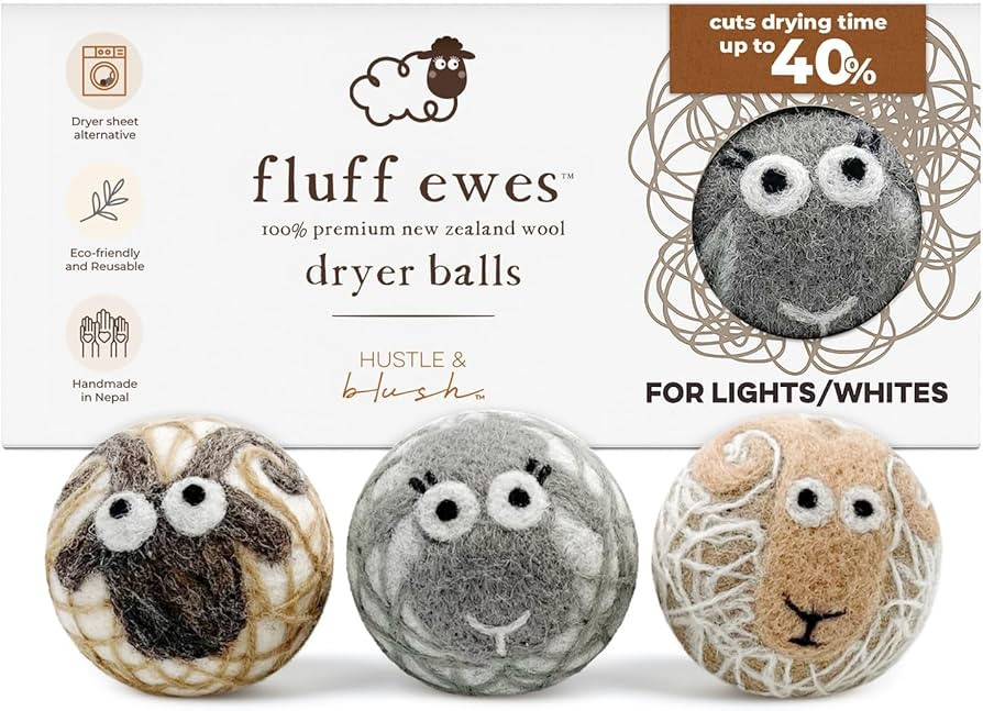 Hustle & Blush Fluff Ewes Wool Dryer Balls 3 Pack - Extra Large Lights Premium Hand Needled New Z... | Amazon (US)