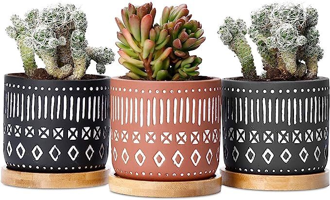 POTEY Cement Succulent Planter Pots - 2.6" Indoor Planter Pot with Bamboo Tray, Drain Hole - Hand... | Amazon (US)