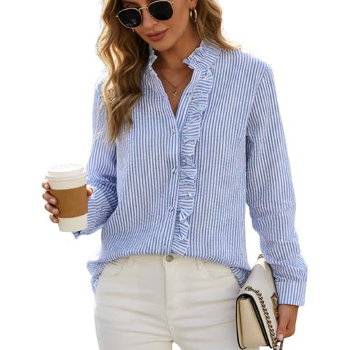BEYINCUTE Womens Button Down Shirt Blue and White Cotton Shirt Striped Long Sleeve Ruffle Collar Blouse Office Work Blouses | Amazon (US)