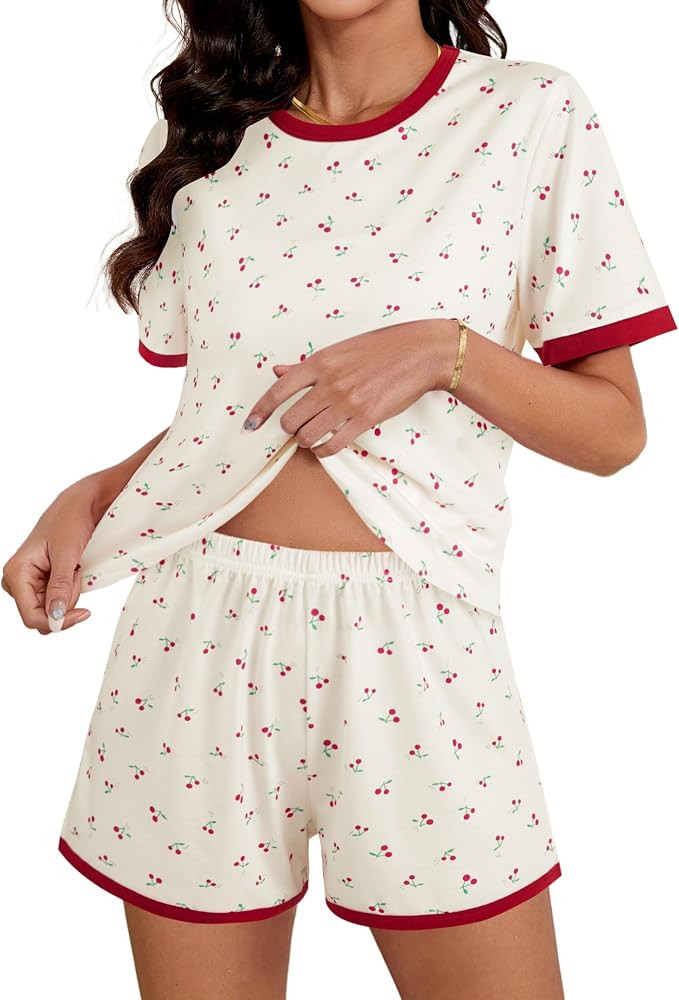Hilinker Womens Cute Graphic 2 Piece Pajamas Short Sleeve Top with Shorts Comfy Loung Set | Amazon (US)
