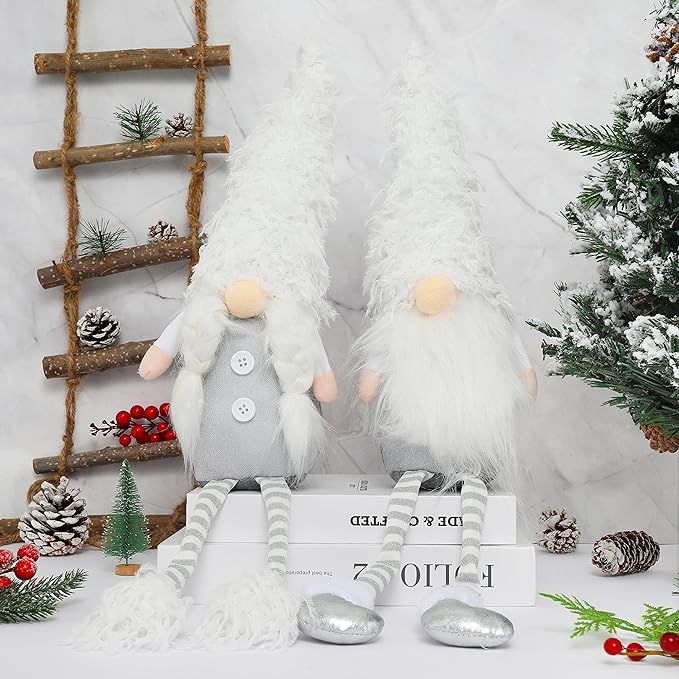 AnyDesign 2Pcs Christmas Gnome Set White Gray Plush Swedish Tomte with Long Leg Handmade Scandina... | Amazon (US)