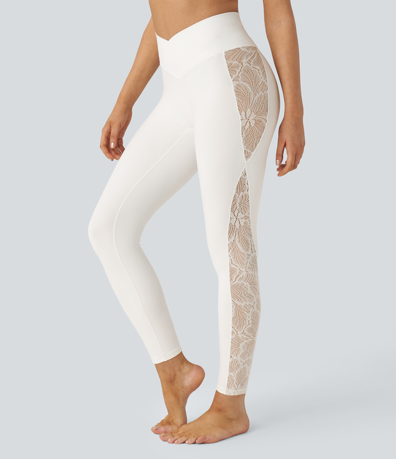 Halara SoftlyZero™ High Waisted Crossover Contrast Lace Pocket Yoga Leggings-UPF50+ - White - XL(full_length) gym leggings | HALARA