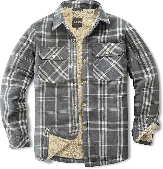 Men's Sherpa Lined Cotton Flannel Shirt Jacket Plaid Button Up Jacket Coat for Men with Pocket | Amazon (US)