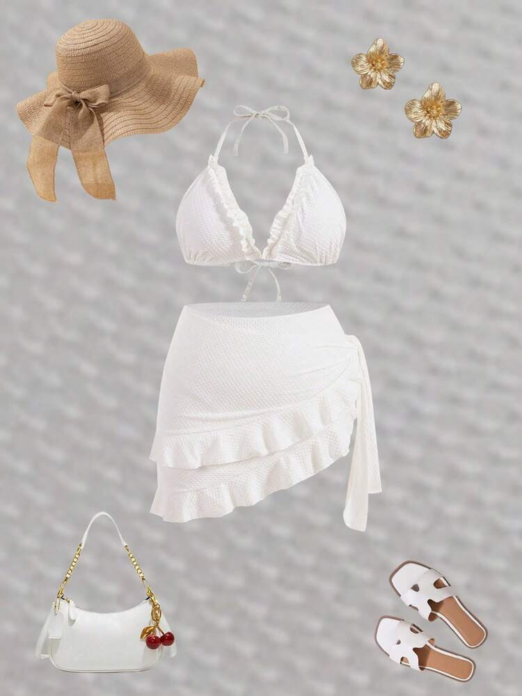 Swim Mod Summer Beach Women's Plus Size White Halter Neck, Spaghetti Strap, Lace Trim Bikini Set 3 Pieces Set | SHEIN