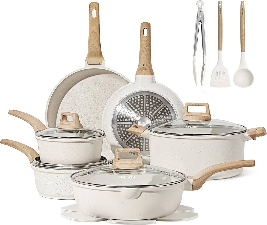 CAROTE 16 Piece Pots and Pans Set Nonstick, White Granite Cookware Sets Induction Cookware, Non S... | Amazon (US)