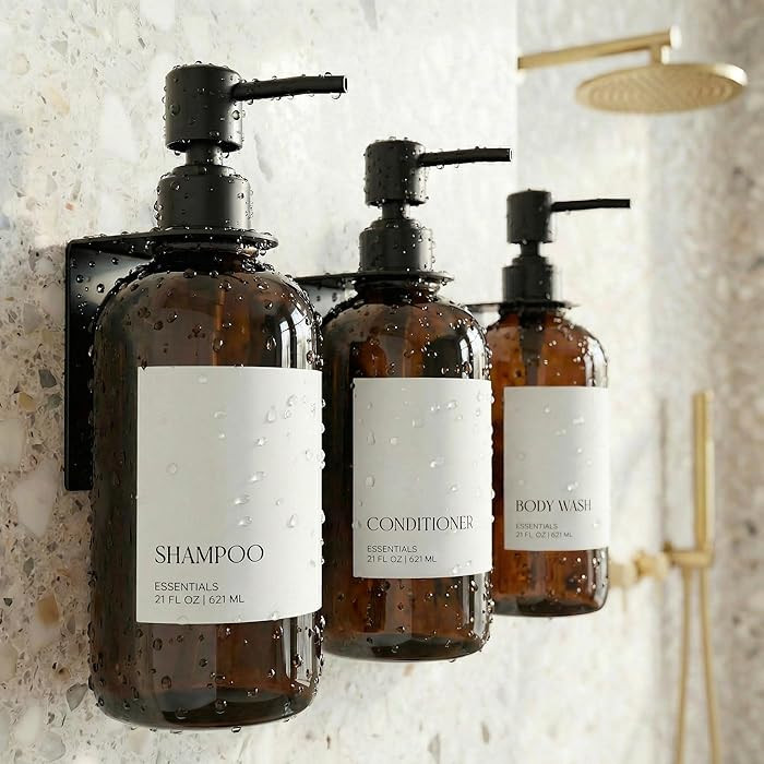 Stylish Shampoo and Conditioner Dispenser Set of 3 for Wall Mount - Modern Drill Free 21oz Shower... | Amazon (US)