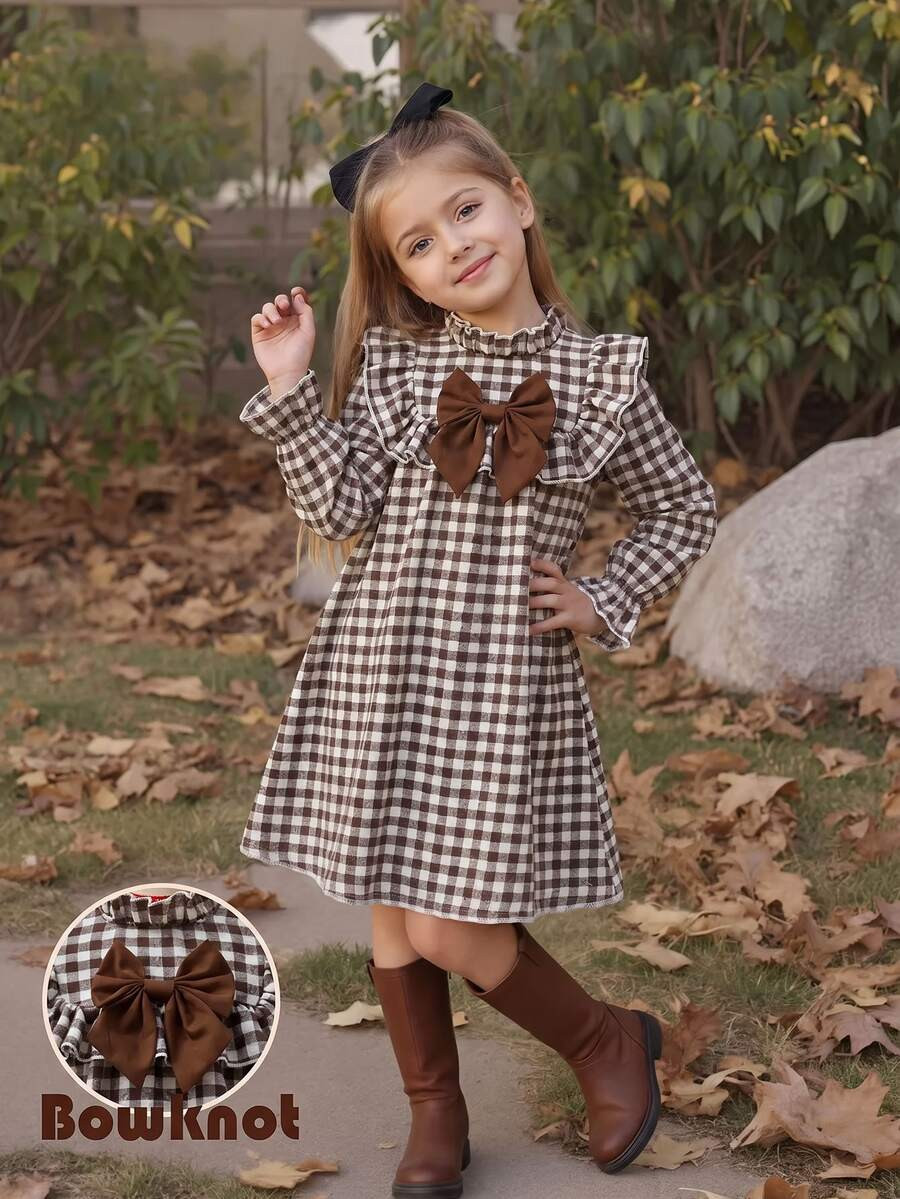 Emery Rose Kids Emery Rose Kids Young Girls Cute Vacation Casual Apricot Plaid Pattern Bow Long Sleeve Loose Dress Autumn Floral Dress, School, Back To School, School Uniform | SHEIN