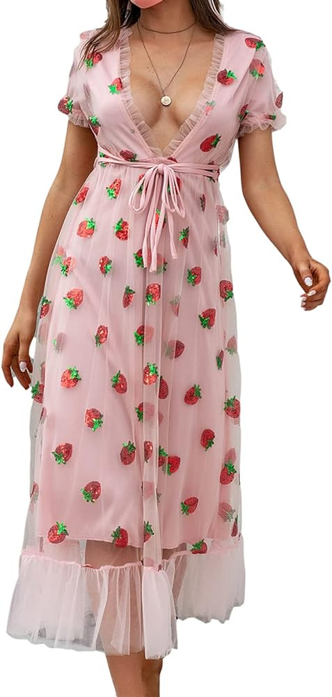 Mialoley Women Sequin Embroidered Strawberry Cocktail Dress Lace Up Mesh Yarn Plunge V Neck A-lin... | Amazon (US)
