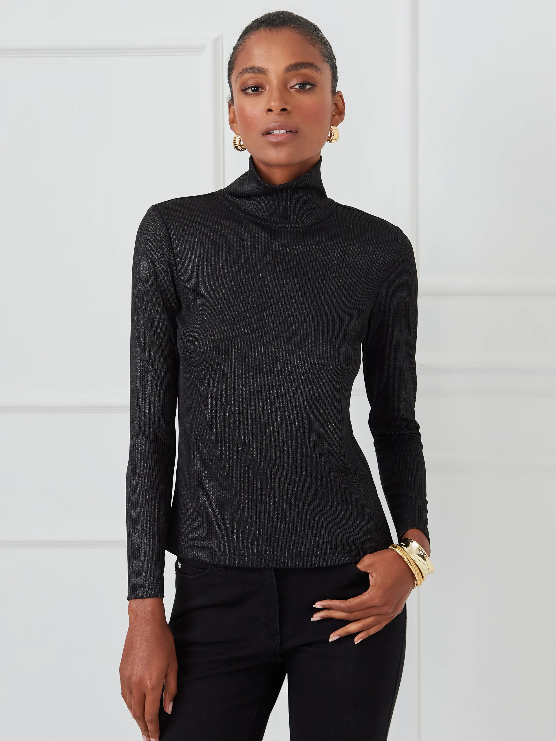 Black/Silver Solid Nadia Metallic Turtleneck | Women's Tops | J.McLaughlin | J.McLaughlin