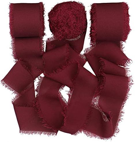 SHUNSTONE Chiffon Fringe Silk Ribbon Handmade Burgundy Ribbon 1.5” x 7Yd x 3 Rolls for Gift Wra... | Amazon (US)