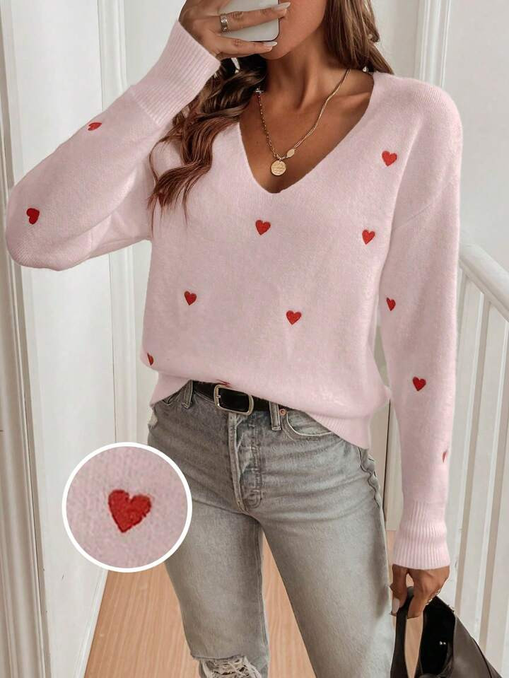 SHEIN LUNE Heart Embroidery V-Neck Dolman Sleeve Knit Sweater, Casual Everyday Wear, Autumn/Winte... | SHEIN