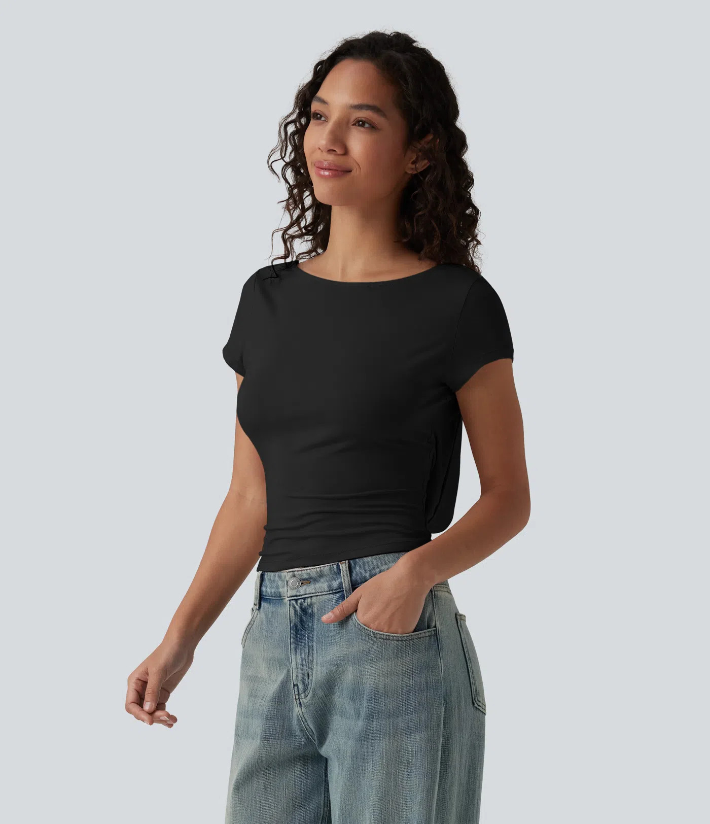 Boat Neck Short Sleeve Cowl Back Casual T-Shirt | HALARA