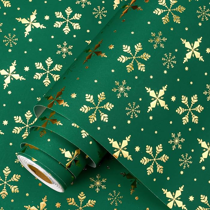 Homeral Green Christmas Wrapping Paper Roll - 3D Embossed Gold Foil Metallic Shine Snowfalkes Gif... | Amazon (US)