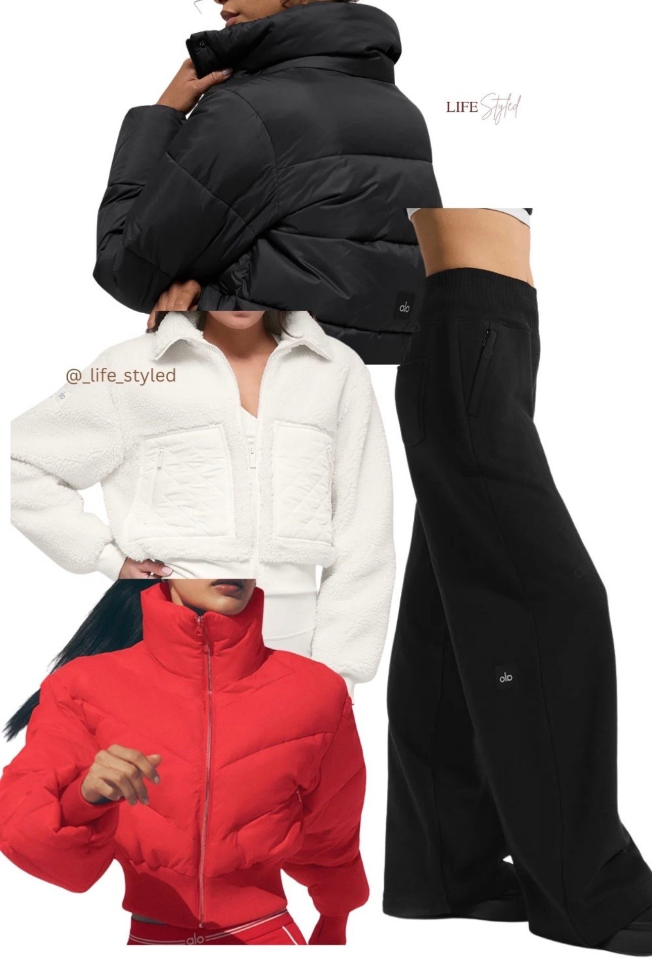 Glow-up your chill vibes 🖤 These wide-leg sweatpants from Alo = straight 🔥 One base, three looks, zero effort: cozy white Sherpa bomber, classic black puffer, and bold red puffer. Perfect for holiday lounge days, last-minute gift inspo, or just flexing your comfy-cool style. 💋

#LTKActive #LTKGiftGuide #LTKfitnessgoals