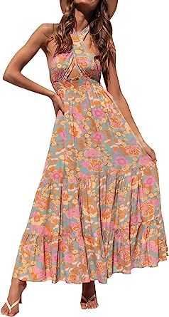 ZESICA Women's Summer Crossover Halter Neck Sleeveless Plaid Cut Out Backless Flowy A Line Maxi D... | Amazon (US)