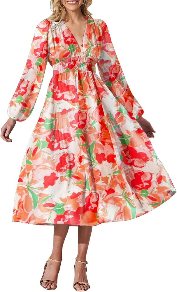 Sissyaki Women's Boho Deep V Neck Long Sleeve Maxi Dress High Waist Casual Wedding Guest Long Dre... | Amazon (US)