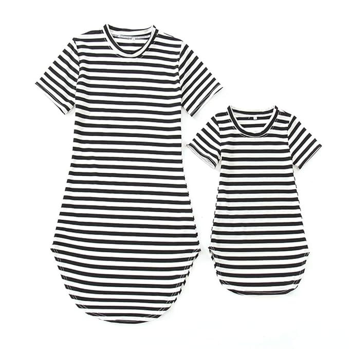Family Matching Clothes Set Mom&Daughter Black and White Stripe Short Sleeve Mid-Length One Piece... | Amazon (US)