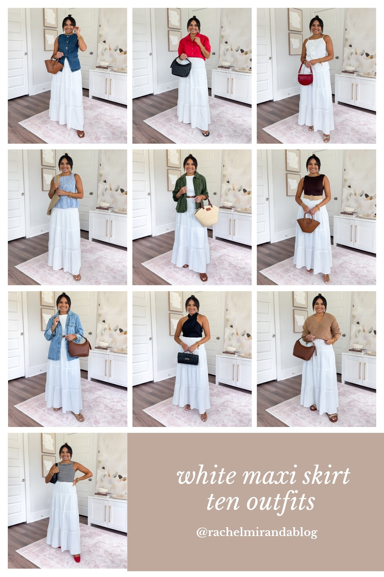 How to style a white maxi skirt ten ways!
For reference: I’m 5’0, 32b bra size, and 2/26 in bottoms, pear shaped. 
*Everything I share is unaltered! TTS means true to size 


Denim vest size - small (this is a set that comes with shorts) TTS
White maxi skirt size - xs TTS 
Brown sandals - old, similar linked 

Red top size xs petite TTS
White maxi skirt size - xs TTS 
Black sandals size 5.5 TTS

White linen vest top size xxs petite
White maxi skirt size - xs TTS 
Gold heels size 5 TTS

Blue peplum top size 00 TTS
White maxi skirt size - xs TTS 
Gold flip flops size 6 - fits like a 5.5

Olive green jacket size xs petite - roomy fit
White maxi skirt size - xs TTS 
Brown sandals - old, similar linked 

Brown bodysuit size xxs TTS
Belt size xs TTS 
White maxi skirt size - xs TTS 
Clear wedges size 5 TTS 

Tan camel sweater size xs TTS
White maxi skirt size - xs TTS 
Brown sandals size 5 TTS

Black stripe tank size xxs regular TTS
White maxi skirt size - xs TTS 
Red flats - old, similar linked

Denim jacket - old, similar linked
White tank size - xs petite TTS
Brown belt size xs TTS
White maxi skirt size - xs TTS 
Gold flip flops size 6 - fits like a 5.5

Black halter top size xs TTS
White maxi skirt size - xs TTS 
Clear heels size 5 TTS 

How to style
Styling tips
Summer outfits
Petite outfit
Petite top
Petite skirt
Fitted white top
Target
Nordstrom
Loft
 What to wear
Outfit ideas
Rachel Miranda Blog
Honeysweetpetite
Honey Sweet Petite


#LTKPetite #LTKSaleAlert #LTKStyleTip