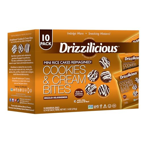 Drizzilicious Mini Flavored Rice Cakes Cookies & Cream - Rice Crisps, Healthy Snack for Adults and Kids, Vegan, Gluten Free Snack, Allergen Free, Only 90 Calories Per Bag - 0.74 oz (Pack of 10) | Amazon (US)