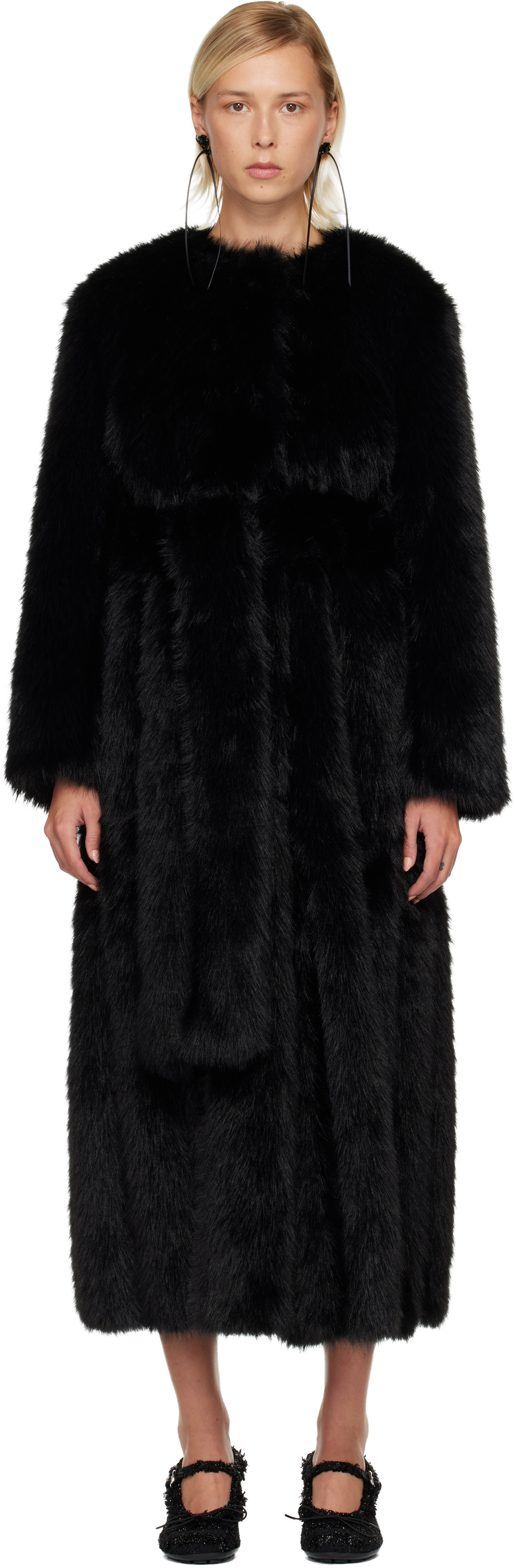 Simone Rocha Black Belted Faux Fur Long Multi Slit Coat | SSENSE