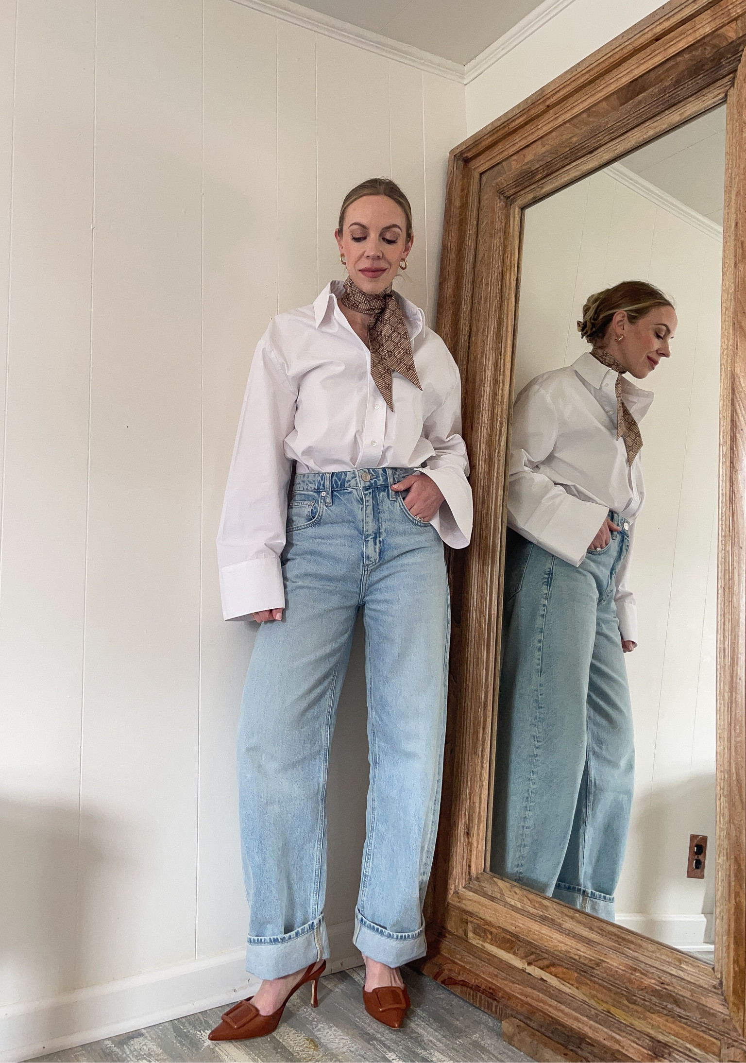 Date night outfit with oversized white shirt, Gucci silk scarf, barrel jeans, slingback pumps 

#LTKOver40 #LTKFindsUnder100 #LTKShoeCrush