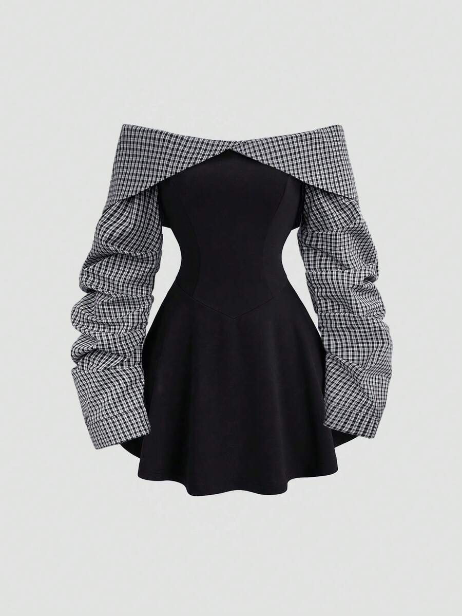 Sweetra Women's Autumn/Winter Collegiate Style Minimalist Bardot Ruched Waist Contrast Color Mini... | SHEIN