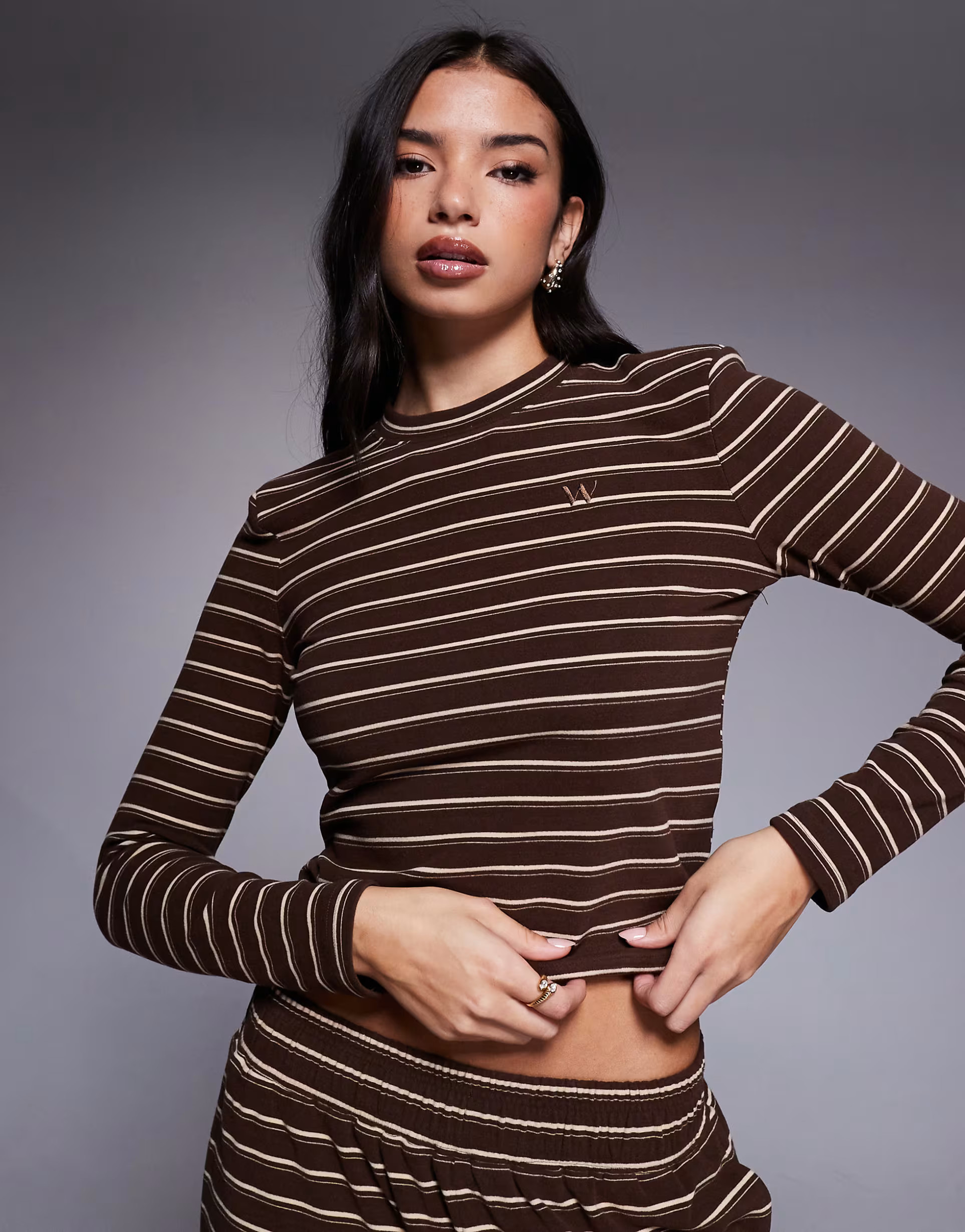 Wanderdoll Frankie premium heavyweight jersey crew neck long sleeve top co-ord in brown stripe | ASOS (Global)