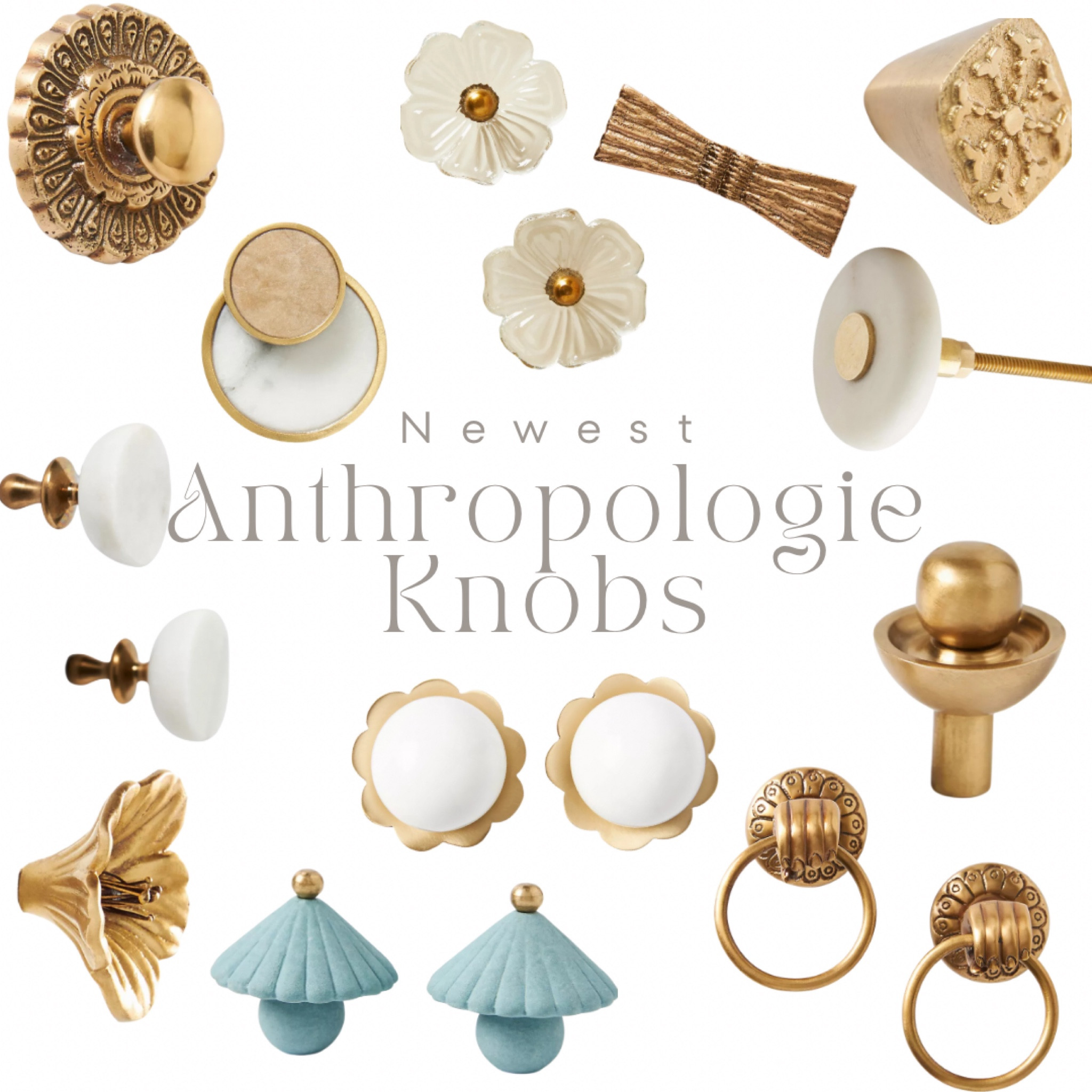 
I came across a collection of the newest Anthropologie knobs, and they're absolutely stunning. The assortment includes a variety of styles, from intricate floral designs and elegant gold accents to minimalist marble and unique shapes. There's a beautiful combination of white and gold, as well as some charming blue knobs that add a touch of whimsy. Each piece seems to have its own character, making it easy to find something that will perfectly match any decor style.