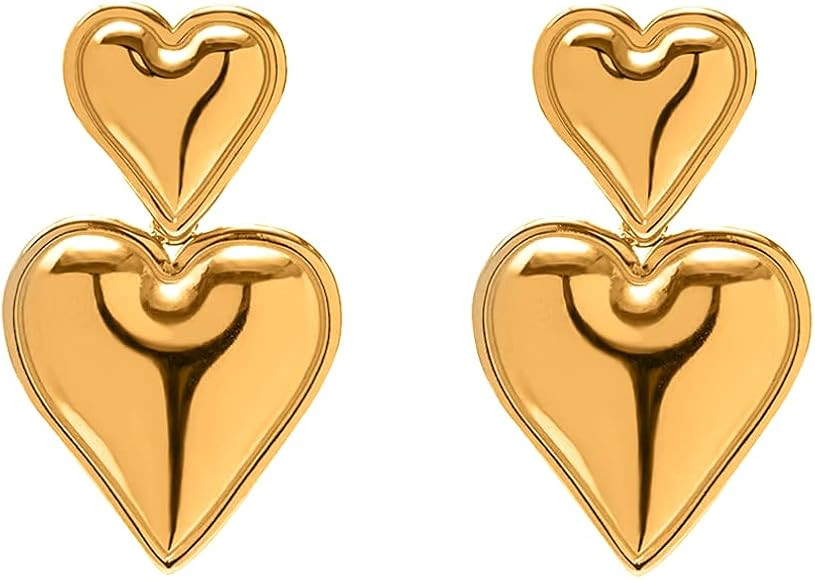Heart Drop Earrings Double Heart Statement Dangle Earrings for Women Gold Silver | Amazon (US)