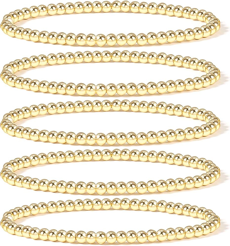 14K Gold Plated Bead Ball Bracelet Stretchable Elastic Gold Beaded Bracelets for Women | Amazon (US)