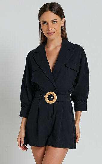 Deacon Playsuit - Collared 3/4 Sleeve Belted Playsuit in Black | Showpo (US, UK & Europe)