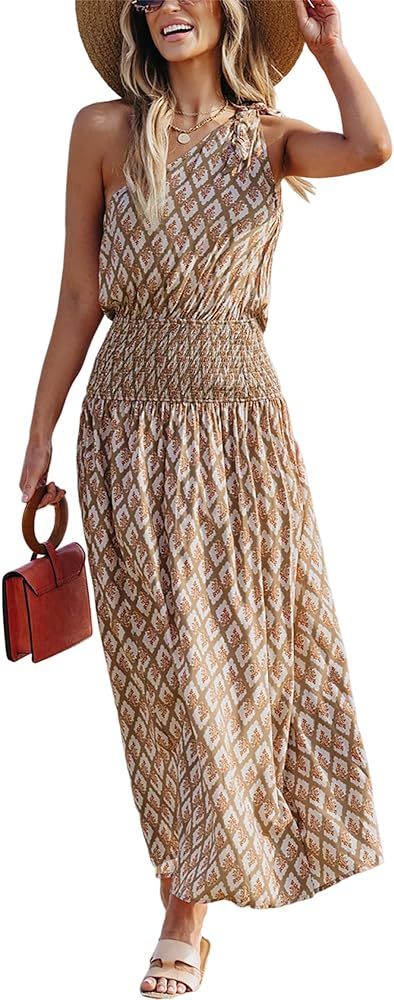 CUPSHE Women's Maxi Dress One Shoulder Sleeveless Smocked Floral Printed Self Tie Boho Long Dress... | Amazon (US)