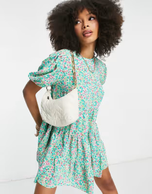 Glamorous tiered mini smock dress in green spring floral | ASOS (Global)