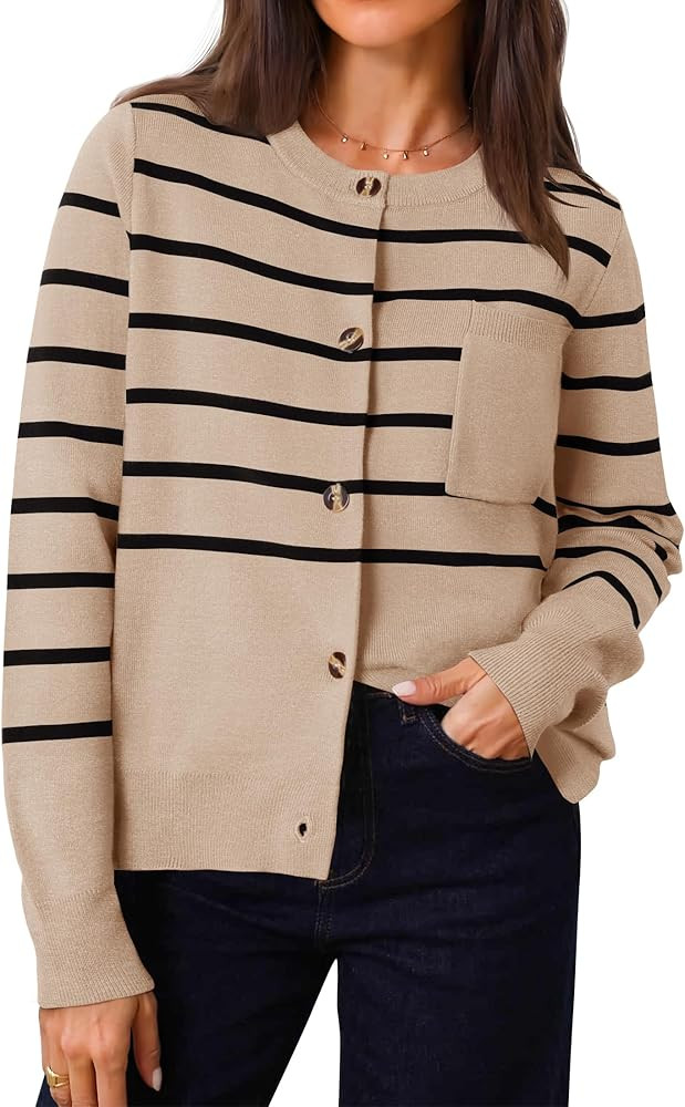 ZESICA Women's Striped Cardigan Sweaters Fall 2025 Long Sleeve Open Front Button Down Knit Outerw... | Amazon (US)