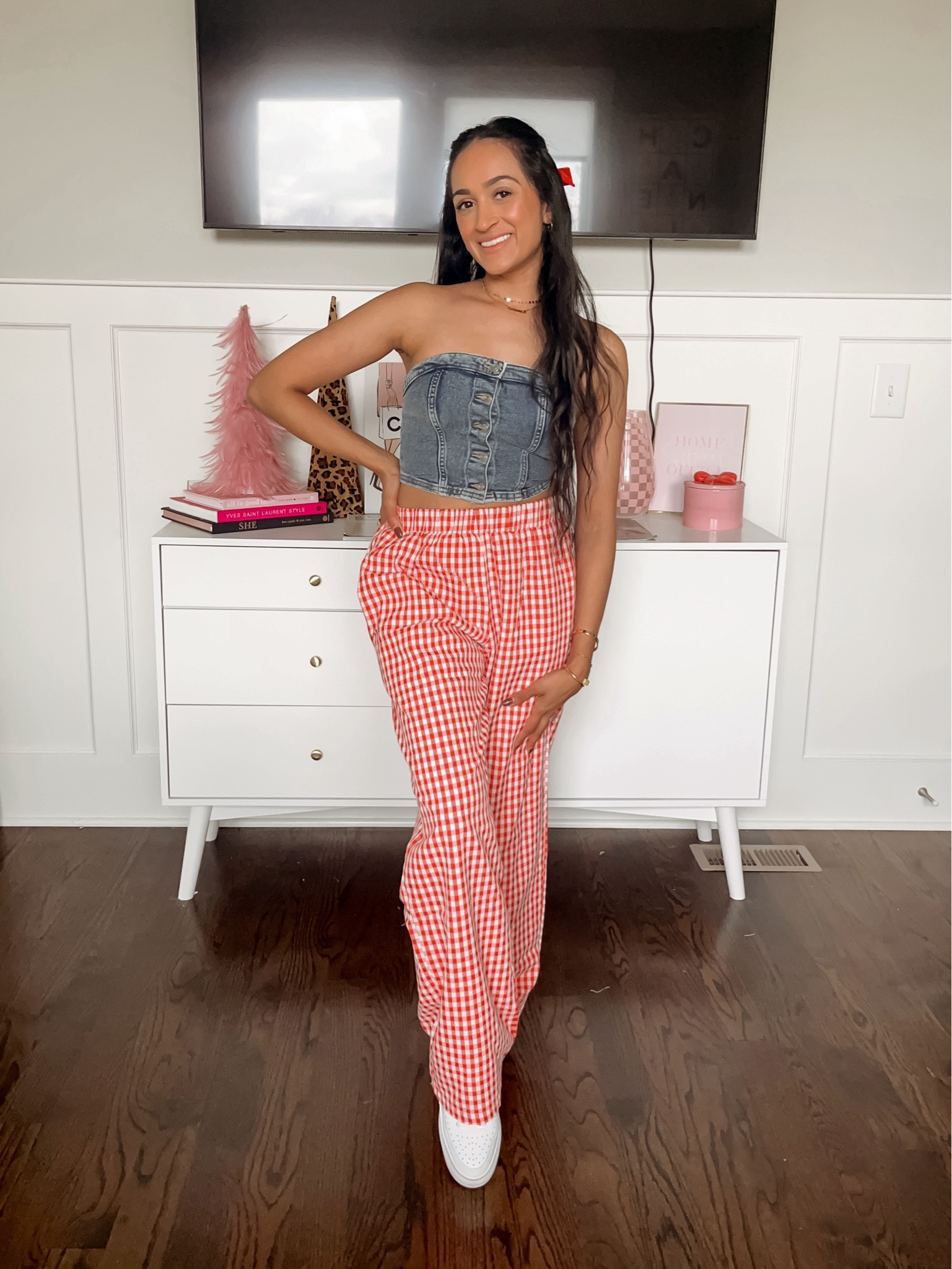 Red gingham pants 
Denim tube top
