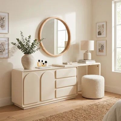 Modern Cream Vanity Desk with Storage Cabinet, 3 Drawers and 2 Doors, Extendable Makeup Vanity Table for Bedroom | Wayfair North America