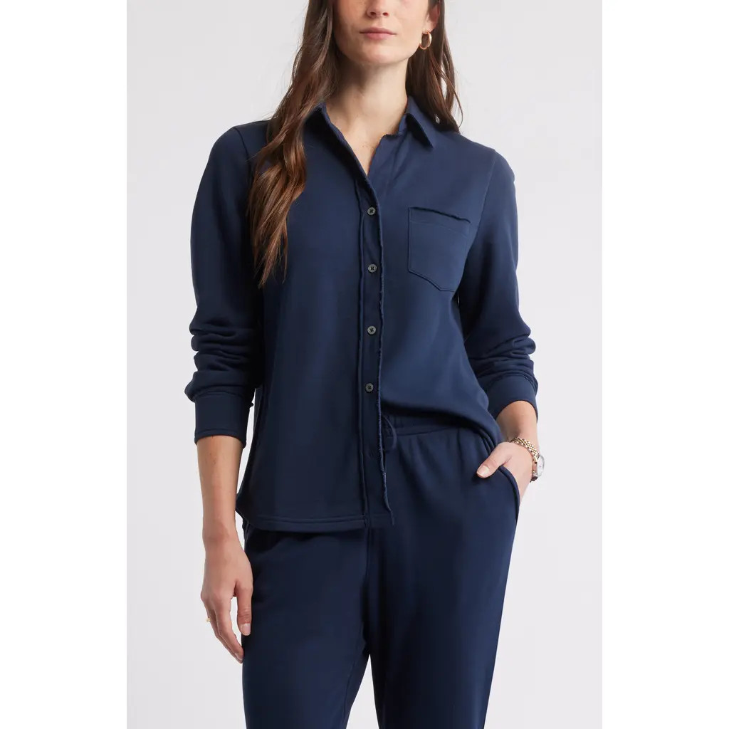 Caslon® French Terry Button-Up Shirt in Navy Still at Nordstrom Rack, Size Small | Nordstrom Rack