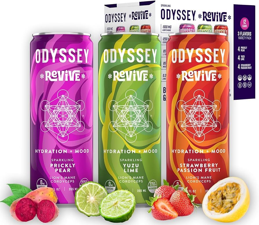 Odyssey Revive Sparkling Hydration Drink w/L Theanine, Lions Mane, Cordyceps and Electrolytes, Ca... | Amazon (US)