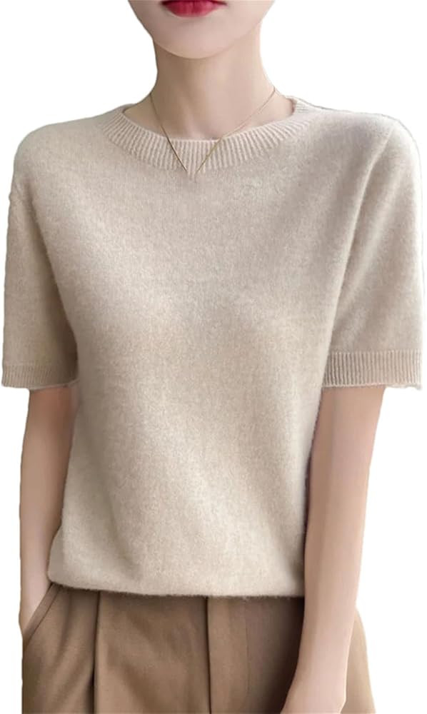 Women Cashmere Short Sleeve Sweater O-Neck Pullover Winter Cashmere Short Sleeve Shirt | Amazon (US)