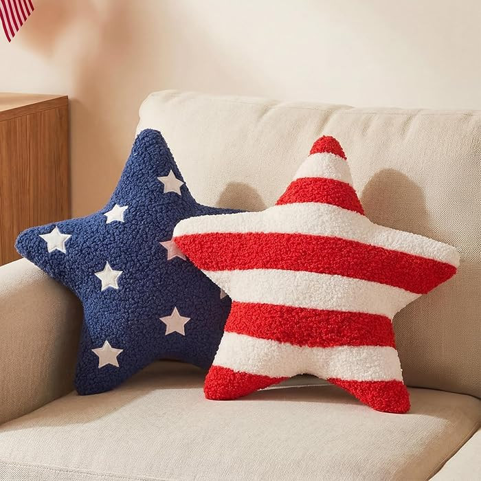 2 Pcs 4th of July Decorations 13x13" Star Throw Pillows, Rustic Patriotic Red White Blue Teddy Fl... | Amazon (US)