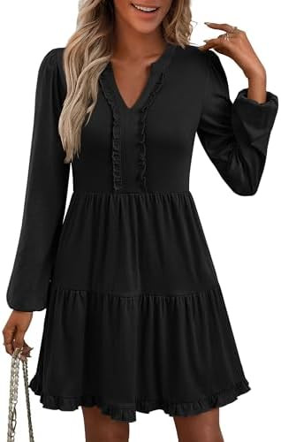 ANRABESS Womens Long Sleeve Dress 2025 Fall Casual V Neck Tiered Flowy Swing Short Mini Dresses B... | Amazon (US)