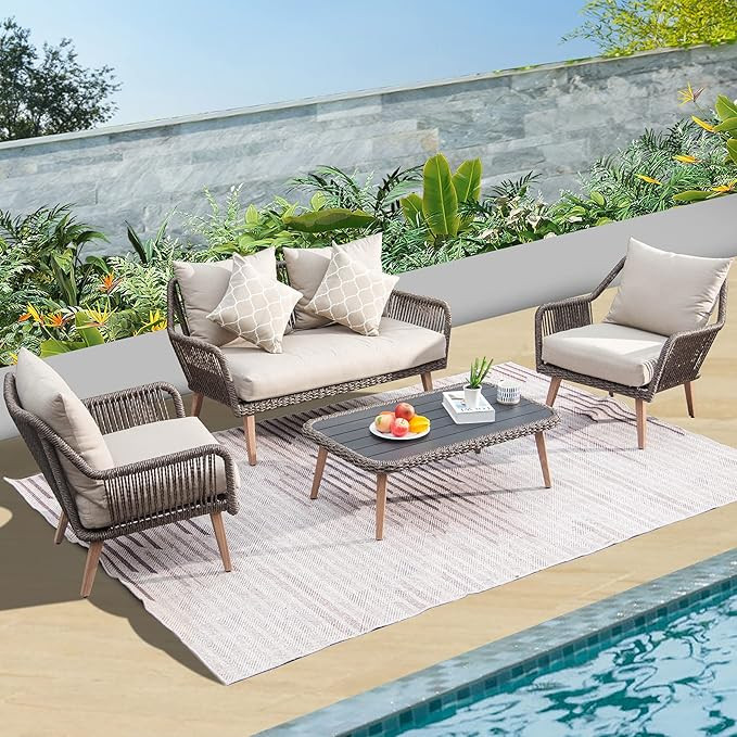 Patio Conversation Sets 4-Pieces PE Rattan Wicker Aluminum Frame Outdoor Patio Set, All-Weather M... | Amazon (US)