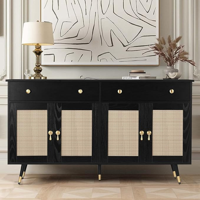 Black Sideboard Buffet Cabinet, 55’’ Sideboard Cabinet with Handmade Natural Rattan Doors, Ra... | Amazon (US)