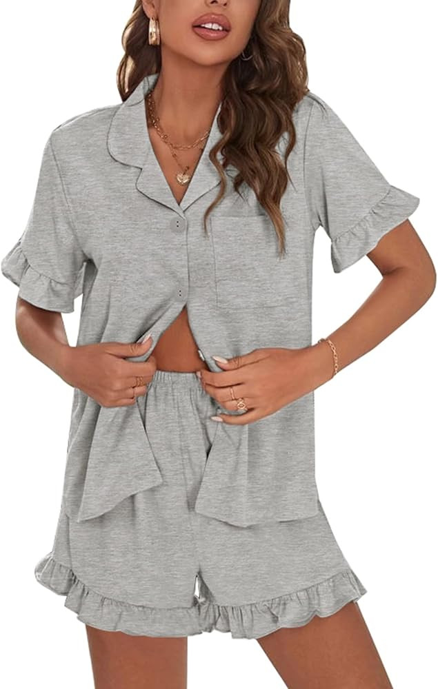 SWOMOG Woman Pajama Set Short Sleeve Pjs Set 2Pcs Short Pajamas Button Down Ruffle Hem Sleepwear ... | Amazon (US)