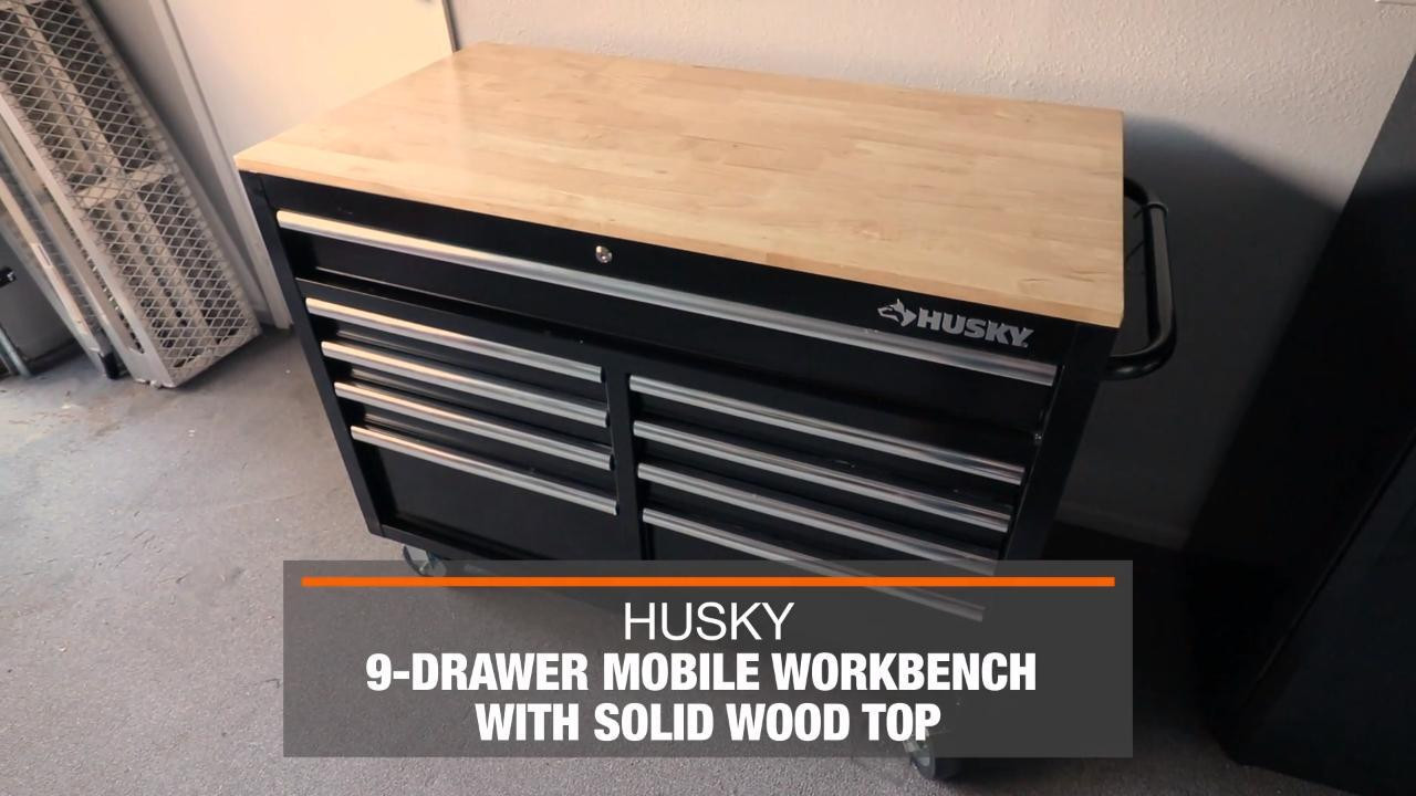 Husky 46 in. W x 24.5 in. D Standard Duty 9-Drawer Mobile Workbench Tool Chest with Solid Wood To... | The Home Depot