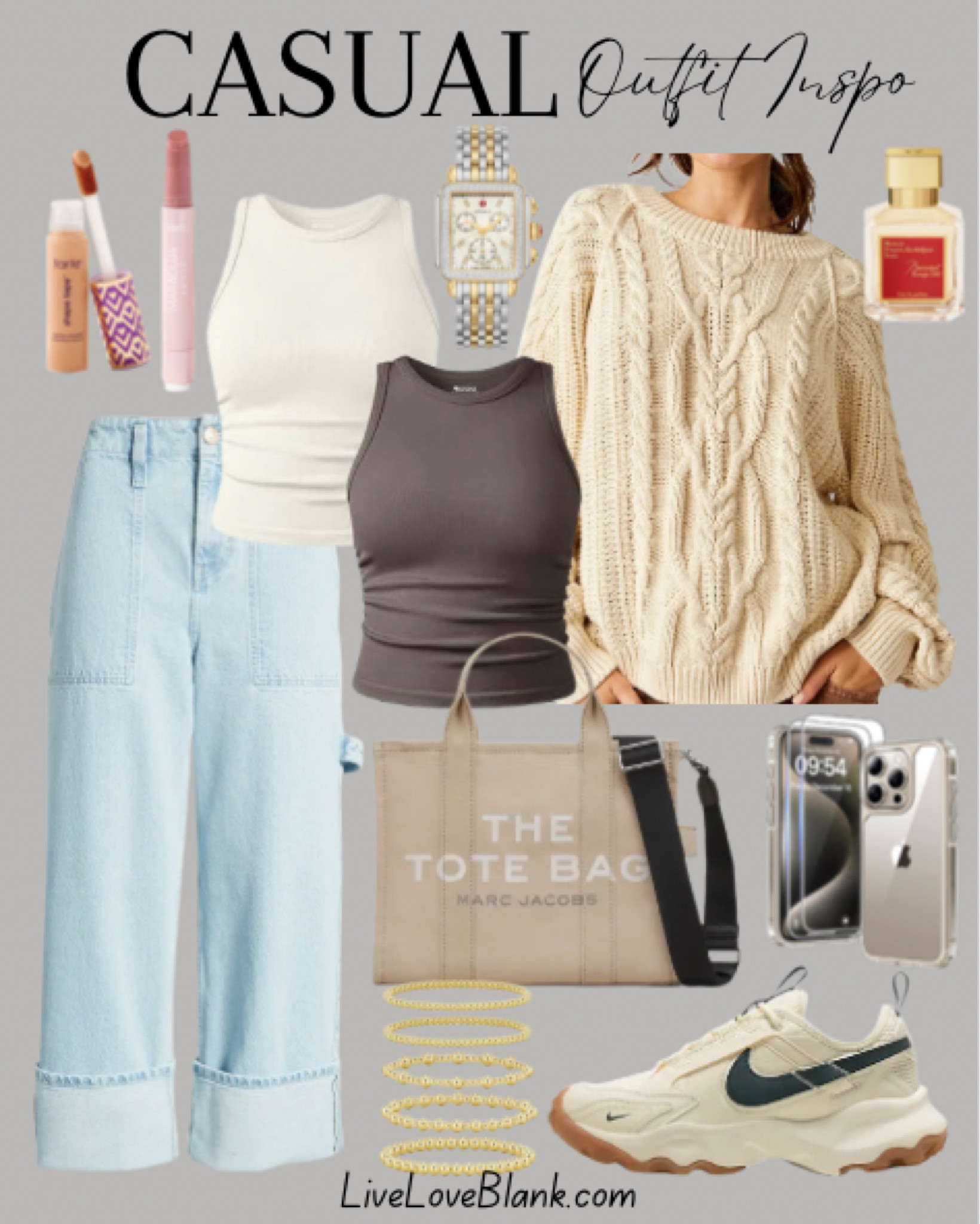 Casual fall outfit of the day
Wide leg crop jeans
Free people cable sweater 
Nike sneakers
Marc Jacobs medium tote
Tarte use code KIM to save 
#ltku

#LTKSeasonal #LTKStyleTip #LTKOver40