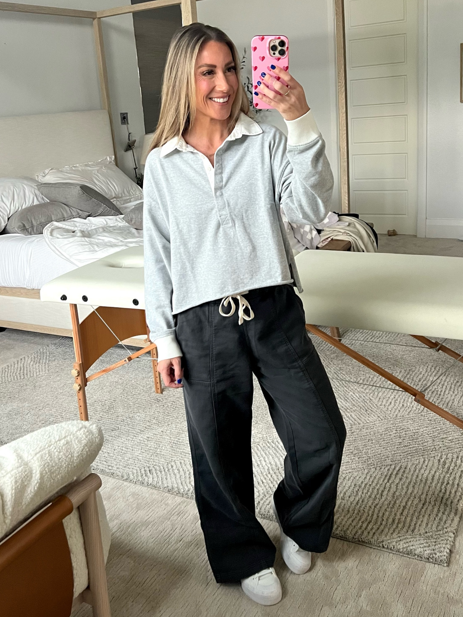 Drawstring baggy pants and polo slightly cropped shirt. Sized up to med in both, but should have gone with regular size in top. 56 and pants length if good, tts. Aerie order 


#LTKSpringSale