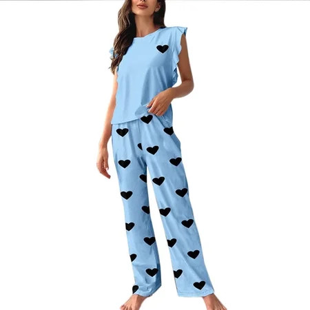 Women s Cute Heart Print Pajama Sets - Crewneck Ruffle Sleeveless Sleepwear Tops Long Pants 2 Piece Lounge Outfits | Walmart (US)