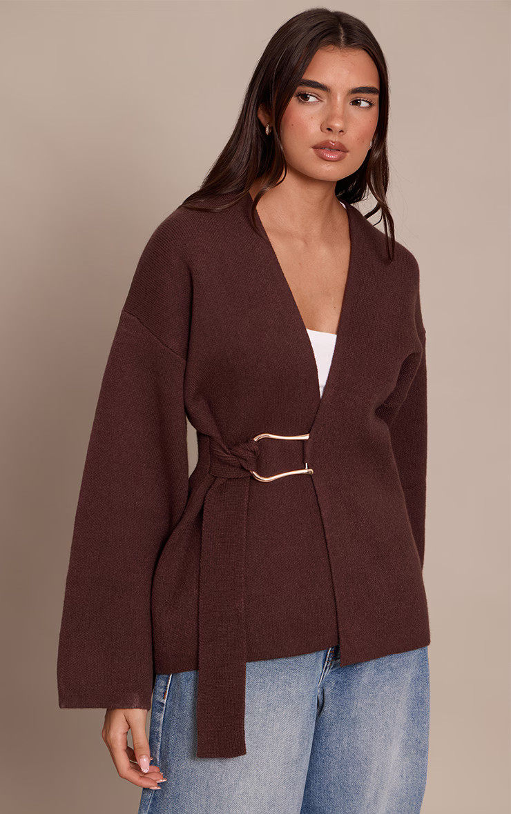Brown Trim Detail Wrap Style Cardigan  | Knitwear | PrettyLittleThing US